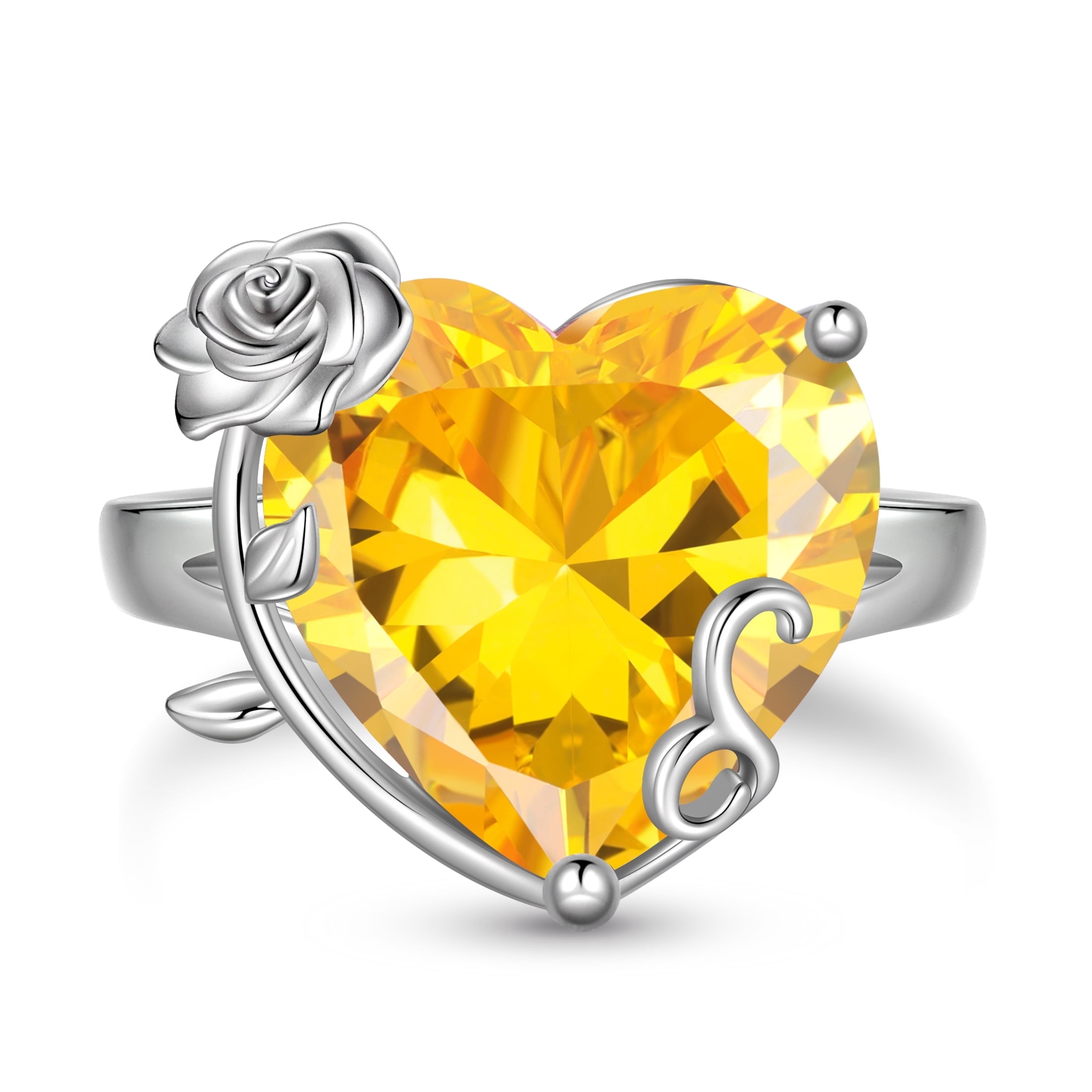 Juwaliy 9Ct Women Heart Ring 925 Sterling Silver Rose Flower November Birthstone Citrine Solitaire Ring Jewelry Christmas Thanksgiving Gift for Mother