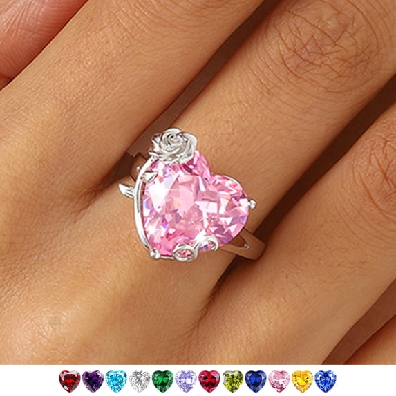 Juwaliy Women Heart Ring Silver Plated Rose Flower October Birthstone Tourmaline Pink Solitaire Ring Jewelry Mother Birthday Valentine's Day Gift