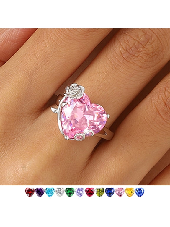 Women Heart Ring Silver Plated Rose Flower October Birthstone Tourmaline Pink Solitaire Ring Jewelry Mother Birthday Valentine's Day Gift