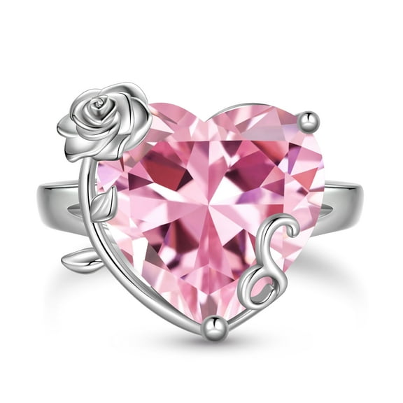Juwaliy 9Ct Women Heart Ring 925 Sterling Silver Rose Flower October Birthstone Tourmaline Pink Solitaire Ring Jewelry Mother Birthday Valentine's Day Gift