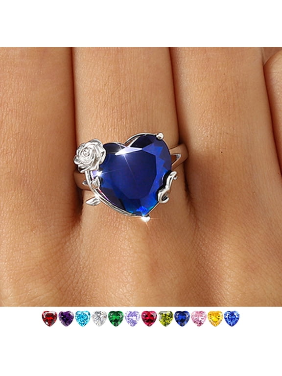 Women Heart Ring Silver Plated Rose Flower September Birthstone Sapphire Blue Solitaire Ring Jewelry Birthday Mother's Day Gift