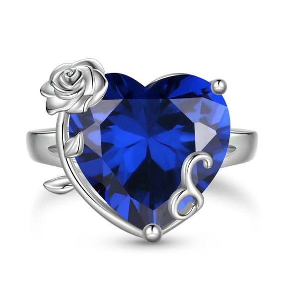 Juwaliy 9Ct Women Heart Ring 925 Sterling Silver Rose Flower September Birthstone Sapphire Blue Solitaire Ring Jewelry Birthday Mother's Day Gift