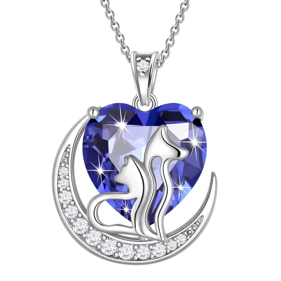 Juwaliy Animal Cat and Dog Necklace Blue Heart December Birthstone Charm Tanzanite Pendant Women Jewelry Christmas Birthday Gift for Mother Daughter Pet Lovers