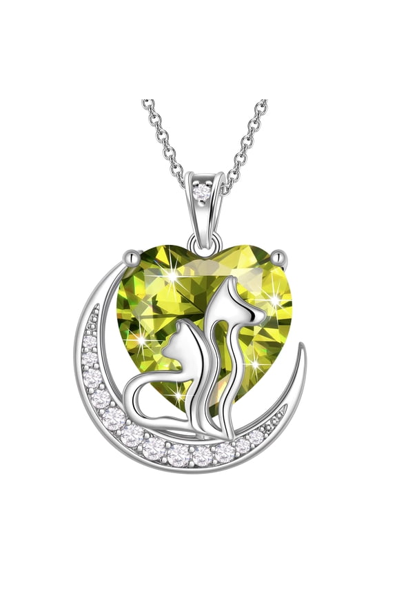 Animal Cat and Dog Necklace Green Heart August Birthstone Charm Peridot Pendant Women Jewelry Birthday Mother's Day Gift for Mom Wife Daughter Pet Lover