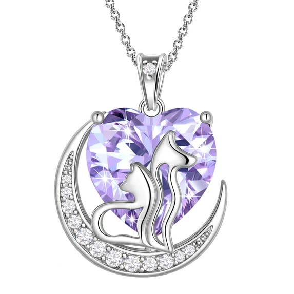 Juwaliy Animal Cat Dog Necklace Purple Heart June Birthstone Charm Alexandrite Crystal Pendant Women Jewelry Birthday Gift for Mother Wife Daughter Pet Lover