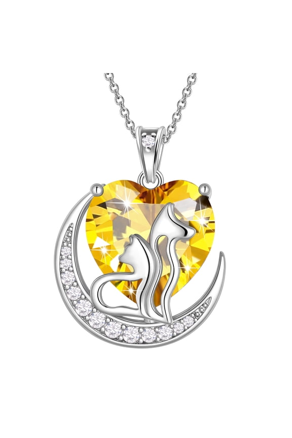 Animal Cat and Dog Necklace Yellow Heart November Birthstone Charm Citrine Pendant Women Jewelry Christmas Birthday Gift for Mother Daughter Pet Lovers