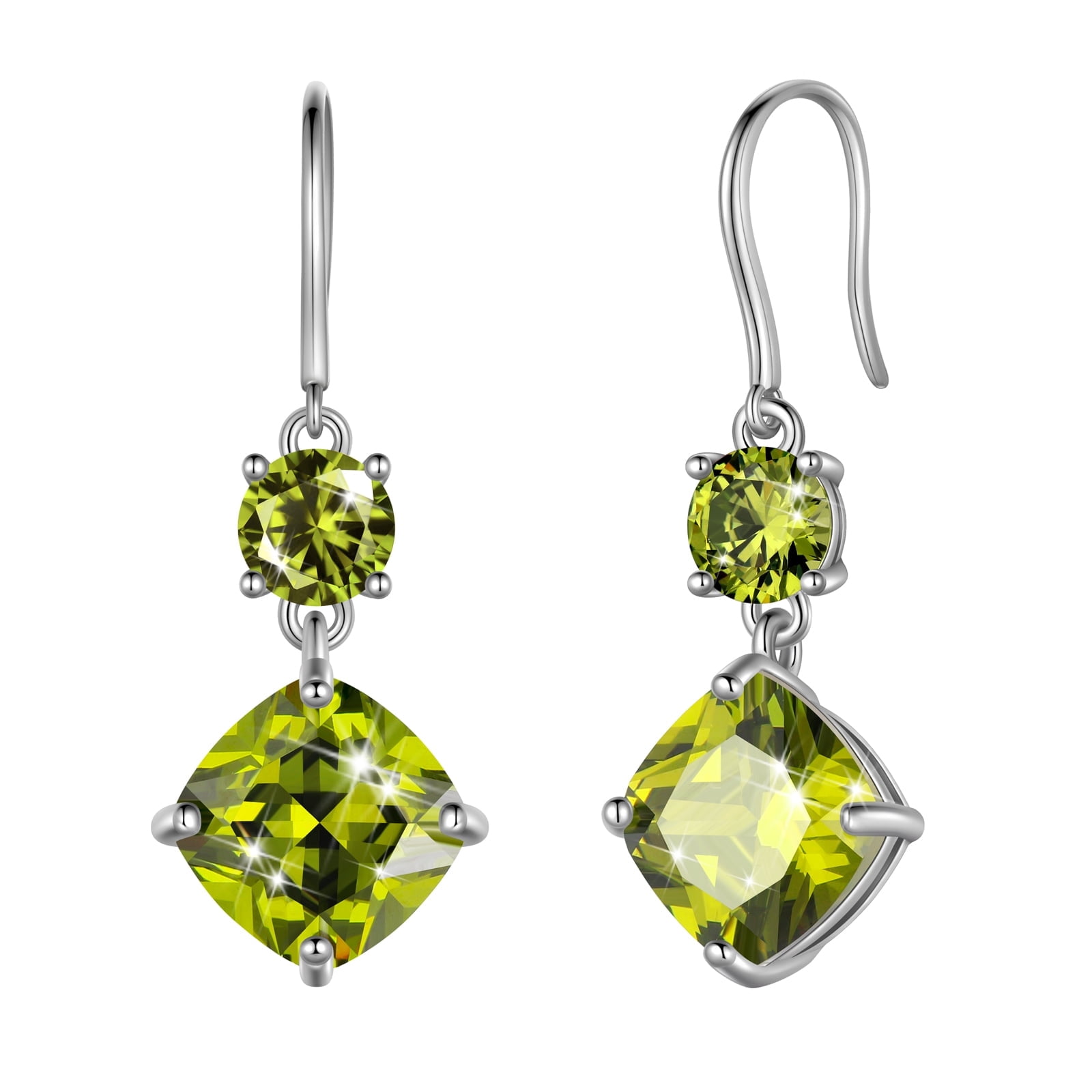 Juwaliy August Birthstone Earrings Women 925 Sterling Silver Long Drop Earrings Peridot Cushion Crystal Jewelry Grandma Mother Christmas Birthday Gift