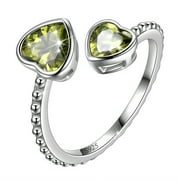 JUWALIY August Birthstone Ring Peridot 925 Sterling Silver Double Hearts Rings Green Zirconia Women Jewelry Birthday Mother's Day Gifts