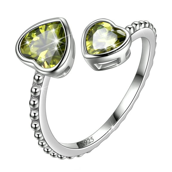 Juwaliy August Birthstone Ring Peridot 925 Sterling Silver Double Hearts Rings Green Zirconia Women Jewelry Birthday Mother's Day Gifts