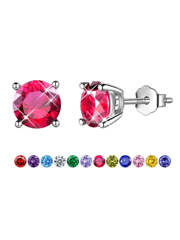 July Birthstone Ruby Earrings 925 Sterling Silver Women Studs Earring Red Crystal Jewelry Mother Birthday Valentine's Day Gifts for Wife Mom