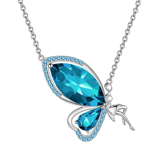 Juwaliy Blue Butterfly Fairy Necklace Women March Birthstone Necklace Aquamarine 925 Sterling Silver Jewelry Birthday Mother's Day Gift