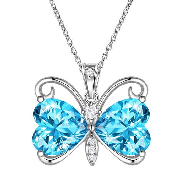 Juwaliy Blue Butterfly Necklace Heart March Birthstone Necklace Aquamarine Silver Plated Pendant Jewelry Women Christmas Birthday Mother's Day Gift