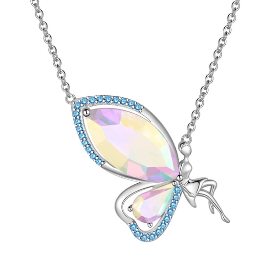 Juwaliy Butterfly Fairy Necklace for Women April Birthstone Necklace Crystal 925 Sterling Silver Jewelry Birthday Valentine's Day Gift