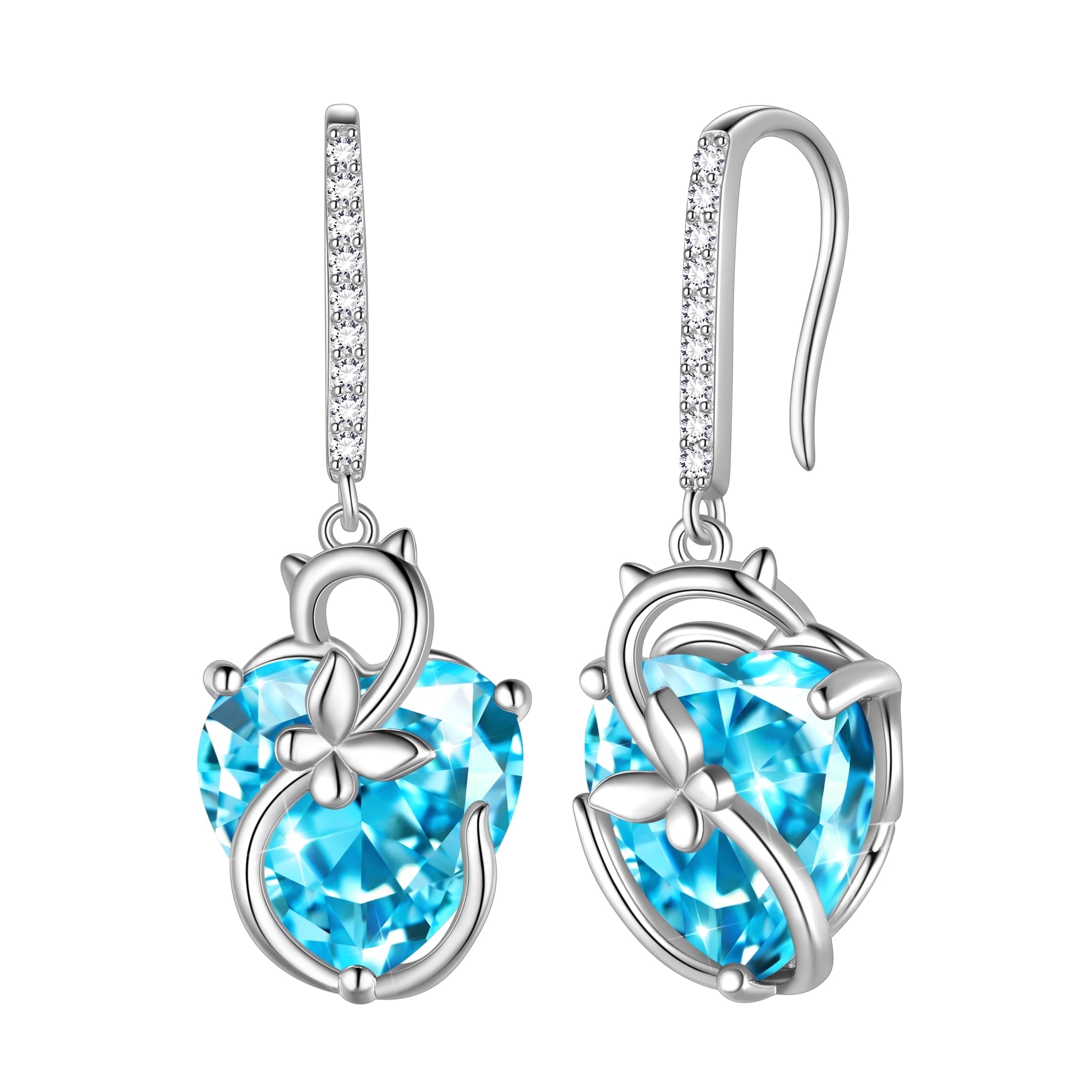 Juwaliy Cat Butterfly Earrings for Women 925 Sterling Silver Earrings Dangle Hook Blue Heart Aquamarine March Birthstone Jewelry Mother Christmas Birthday Valentine's Day Gifts for Mom Wife