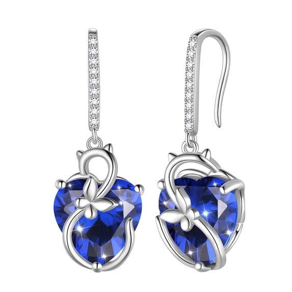 Juwaliy Cat Butterfly Earrings for Women 925 Sterling Silver Earring Dangle Hook Blue Heart Sapphire September Birthstone Jewelry Christmas Birthday Valentines Mother's Day Gift for Mom Wife