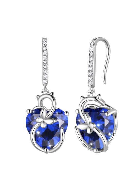 Cat Butterfly Earrings for Women 925 Sterling Silver Earring Dangle Hook Blue Heart Sapphire September Birthstone Jewelry Christmas Birthday Valentines Mother's Day Gift for Mom Wife