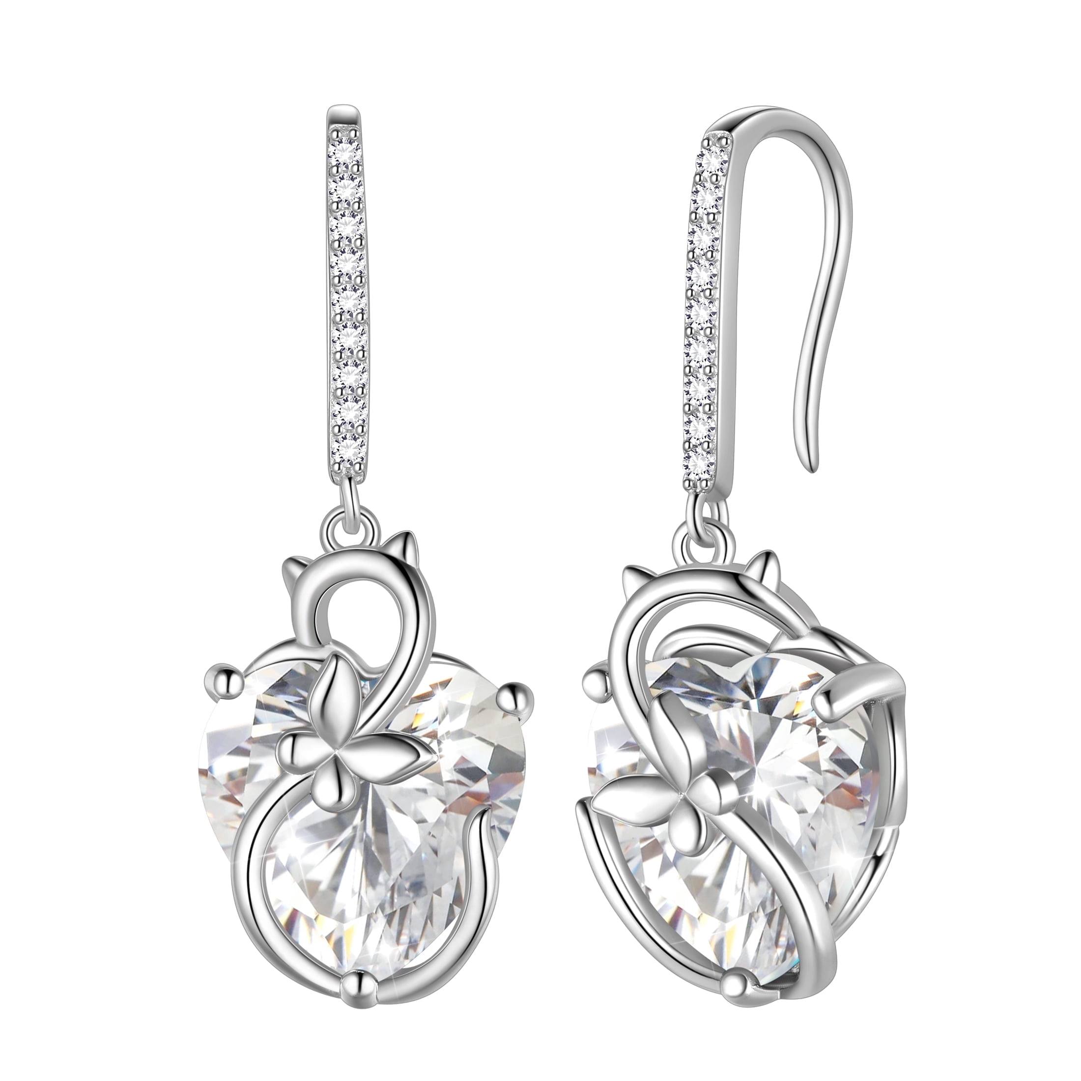 Juwaliy Cat Butterfly Earrings for Women 925 Sterling Silver Earrings Dangle Hook Heart Diamond April Birthstone Wedding Bridal Jewelry Mothers Valentines Day Gifts for Wife Girlfriend