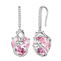Juwaliy Cat Butterfly Earrings for Women 925 Sterling Silver Earrings Dangle Hook Pink Heart Tourmaline October Birthstone Jewelry Mother Christmas Valentine's Day Gifts for Wife Girlfriend