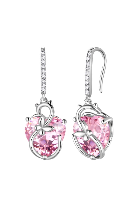 Cat Butterfly Earrings for Women 925 Sterling Silver Earrings Dangle Hook Pink Heart Tourmaline October Birthstone Jewelry Mother Christmas Valentine's Day Gifts for Wife Girlfriend