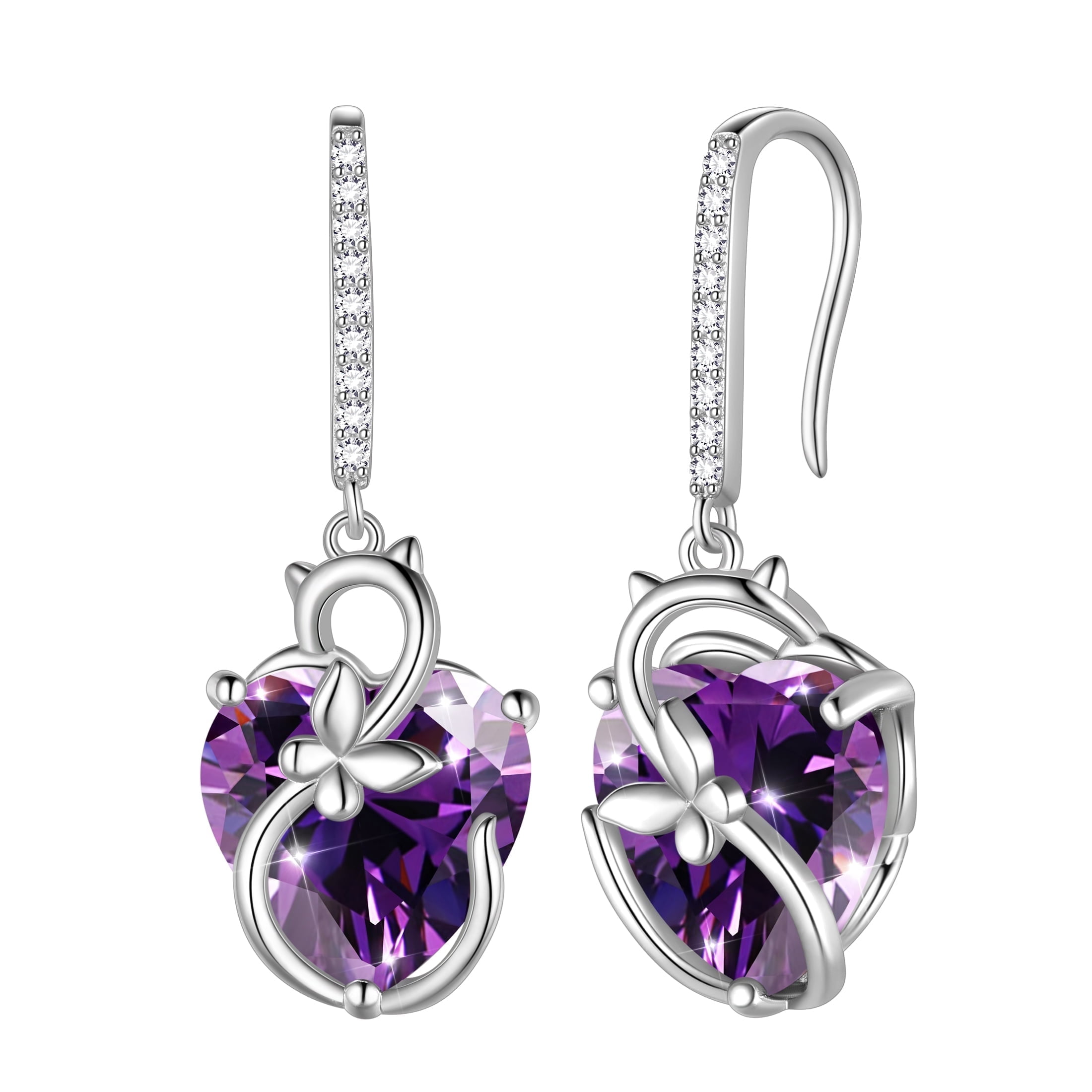Juwaliy Cat Butterfly Earrings for Women 925 Sterling Silver Earrings Dangle Hook Purple Heart Amethyst February Birthstone Jewelry Mother Christmas Birthday Valentine's Day Gifts for Wife