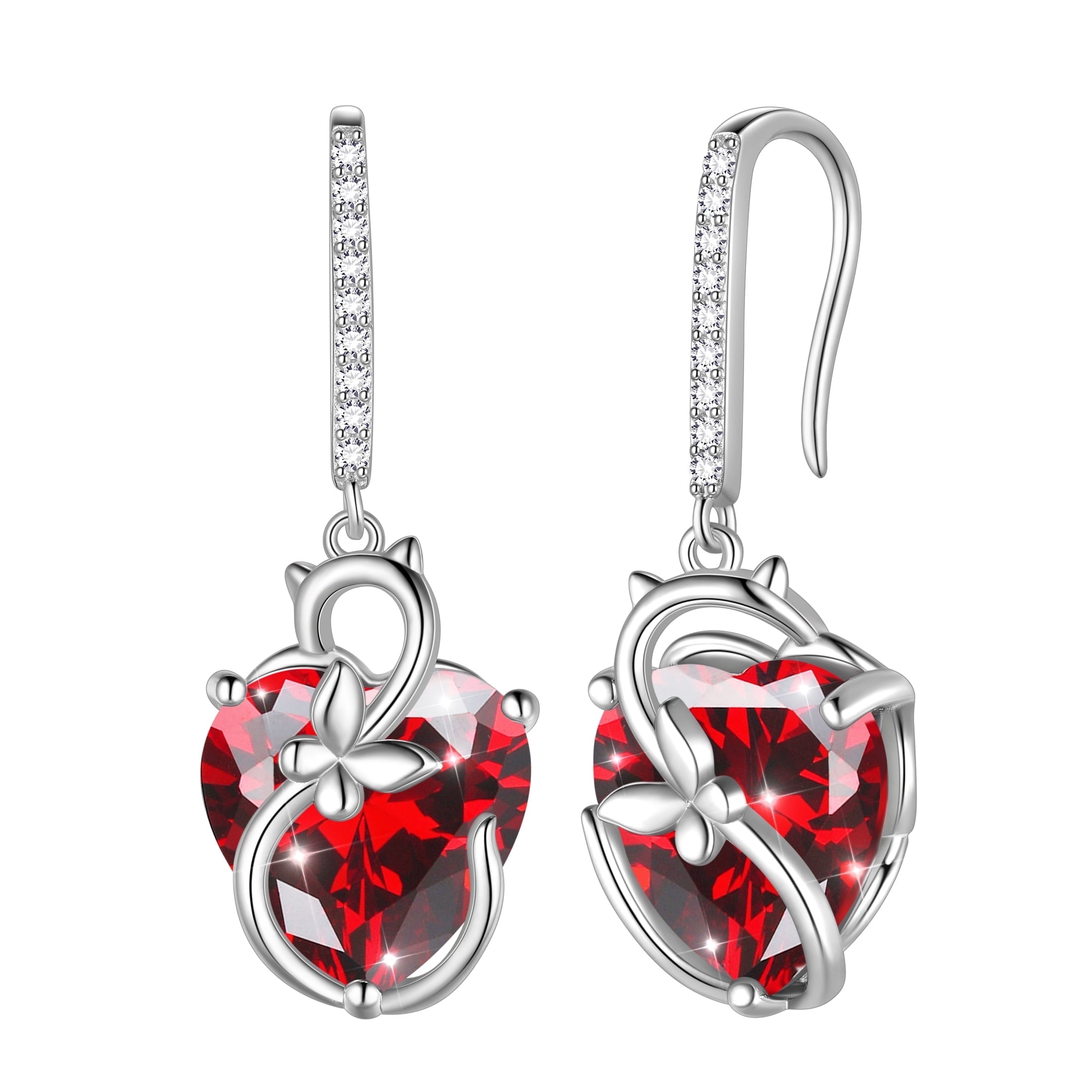 Juwaliy Cat Butterfly Earrings for Women 925 Sterling Silver Earrings Dangle Hook Red Heart Garnet January Birthstone Jewelry Mother Christmas Birthday Valentine's Day Gift for Mom Wife