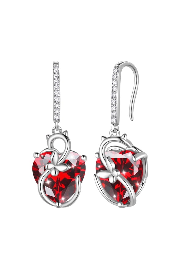 Cat Butterfly Earrings for Women 925 Sterling Silver Earrings Dangle Hook Red Heart Garnet January Birthstone Jewelry Mother Christmas Birthday Valentine's Day Gift for Mom Wife