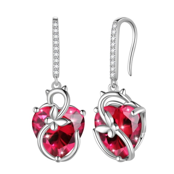 Juwaliy Cat Butterfly Earrings for Women 925 Sterling Silver Earrings Dangle Hook Red Heart Ruby July Birthstone Jewelry Mother Christmas Birthday Valentine's Day Gifts for Wife Girlfriend