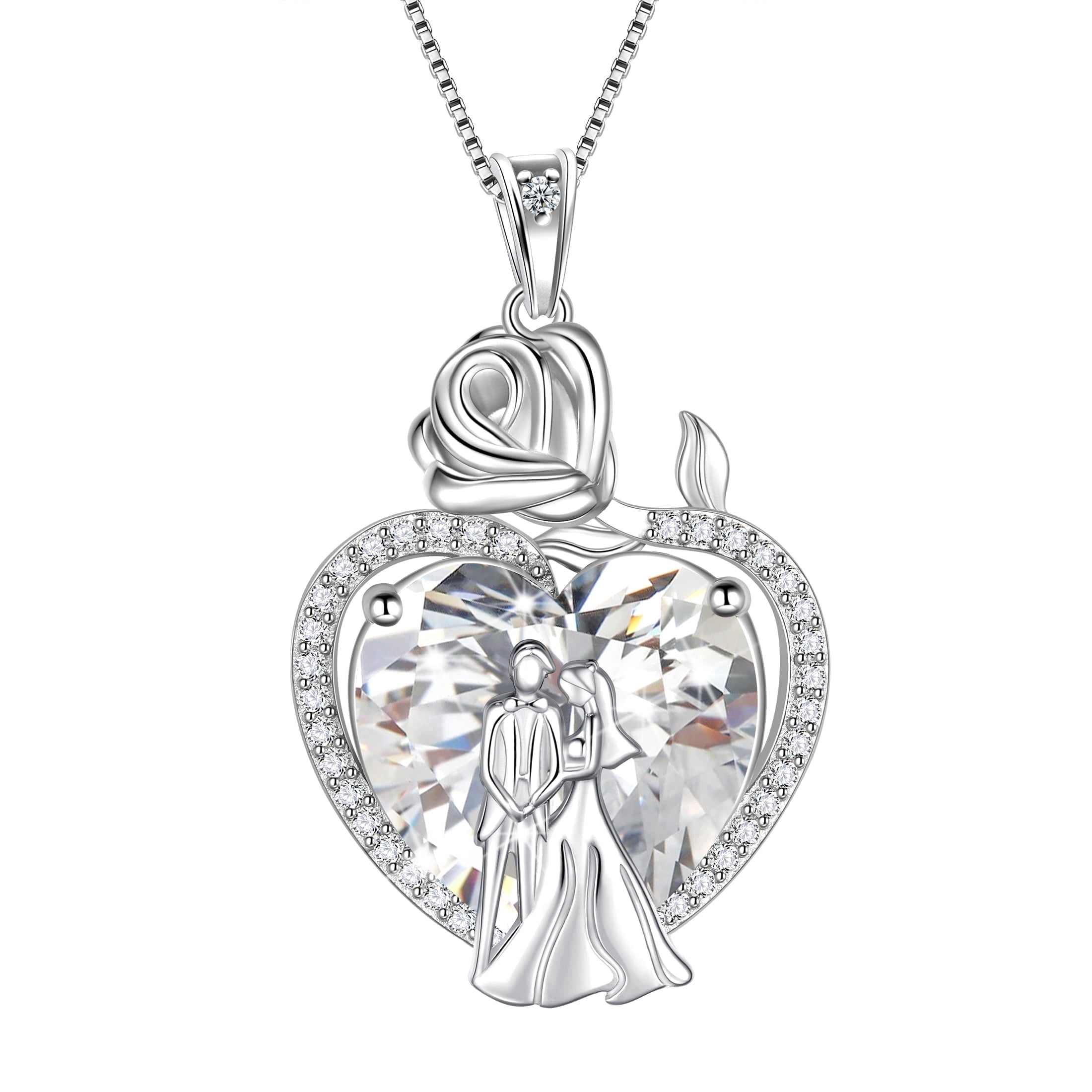 Juwaliy Couple Necklace for Women 925 Sterling Silver 15MM Heart April Birthstone Rose Flower Pendant Wedding Engagement Jewelry Valentine's Day Gifts for Her Wife Bride