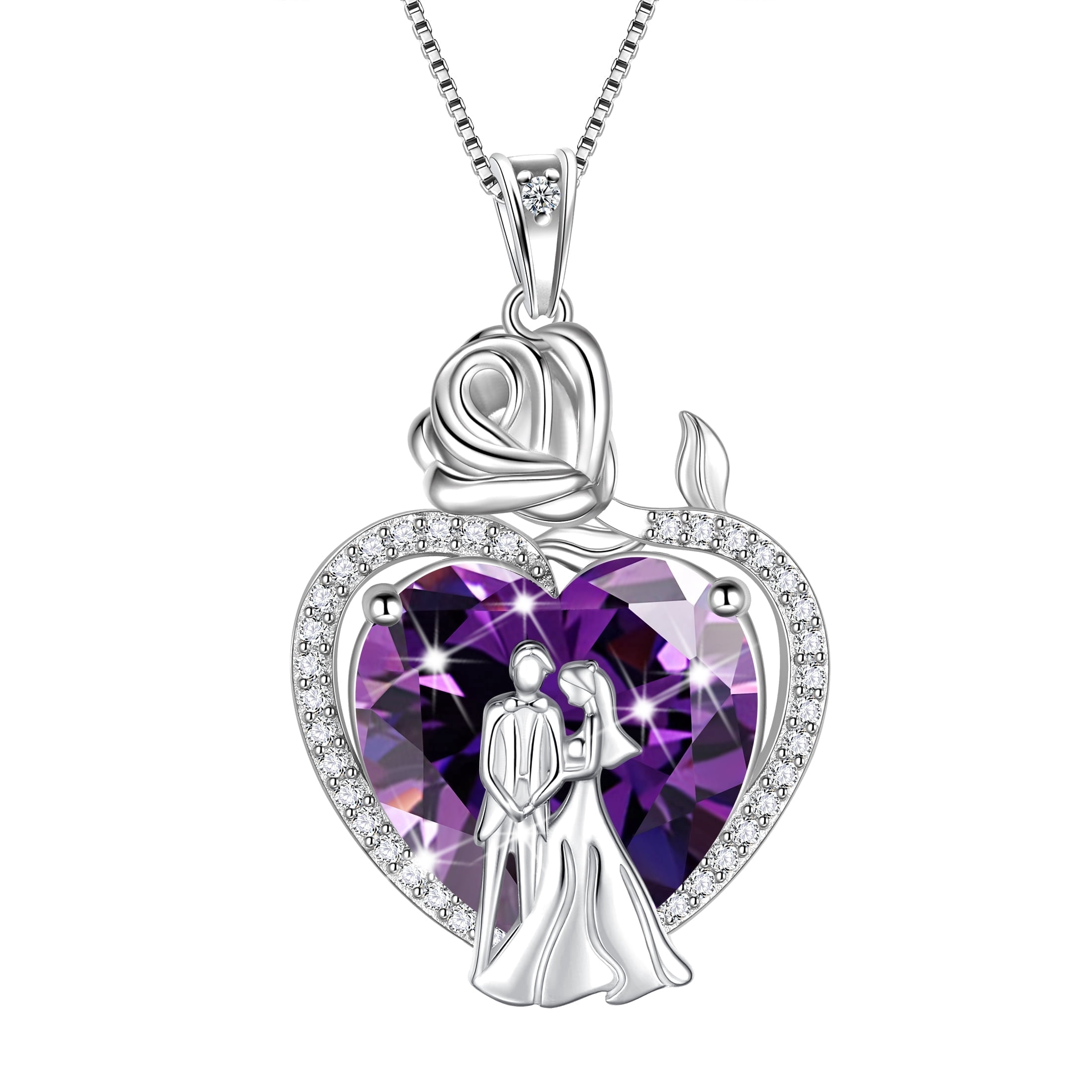 Juwaliy Couple Necklace for Women 925 Sterling Silver Heart February Birthstone Rose Flower Pendant Wedding Engagement Jewelry Valentines Day Gift for Her Wife/Girlfriend