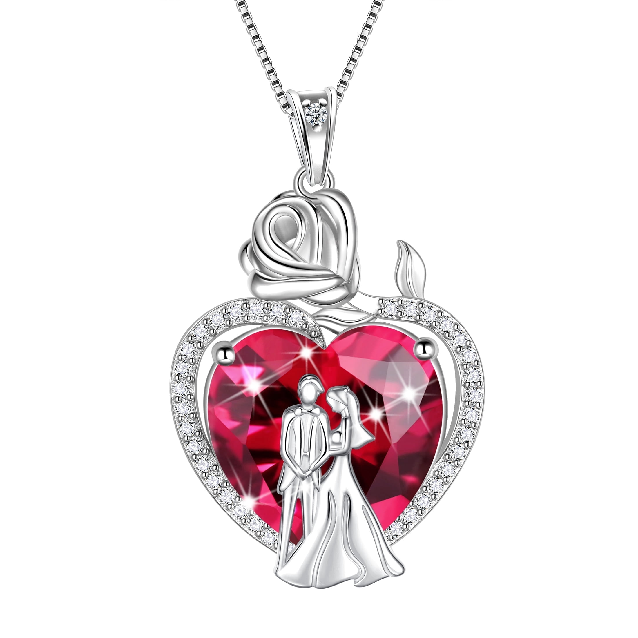 Juwaliy Couple Necklace for Women 925 Sterling Silver 15MM Heart July Birthstone Rose Pendant Wedding Engagement Jewelry Valentines Day Gift for Her Wife/Girlfriend/Bride