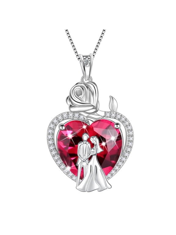 Couple Necklace for Women 925 Sterling Silver 15MM Heart July Birthstone Rose Pendant Wedding Engagement Jewelry Valentines Day Gift for Her Wife/Girlfriend/Bride