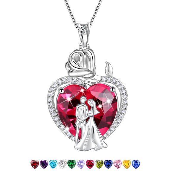 Juwaliy Couple Necklace for Women 925 Sterling Silver 15MM Heart July Birthstone Rose Pendant Wedding Engagement Jewelry Valentines Day Gift for Her Wife/Girlfriend/Bride