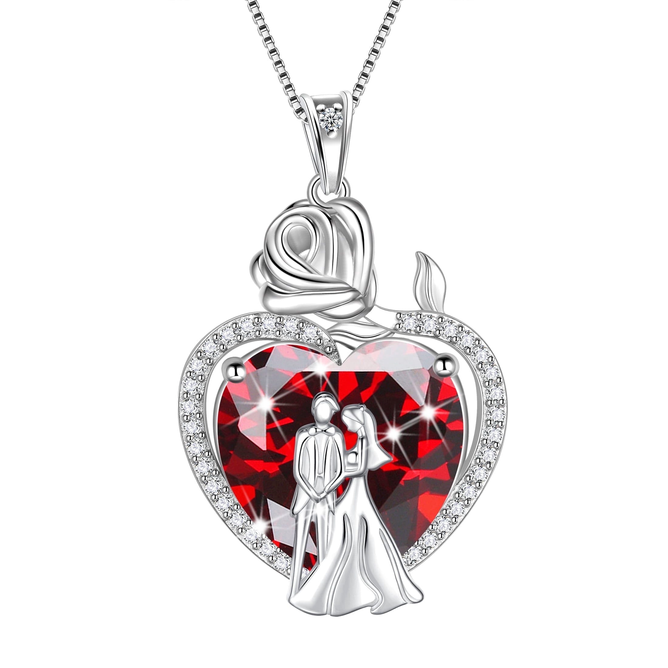 Juwaliy Couple Necklace for Women 925 Sterling Silver 15MM Heart January Birthstone Rose Flower Pendant Promise Engagement Jewelry Valentine's Day Gift for Her Wife Bride