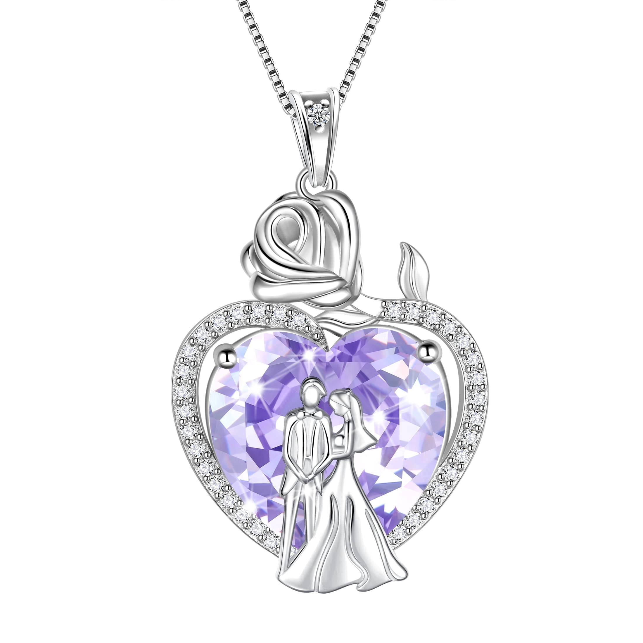 Juwaliy Couple Necklace for Women 925 Sterling Silver 15MM Heart June Birthstone Rose Flower Pendant Promise Engagement Bridal Jewelry Valentines Gift for Wife Girlfriend