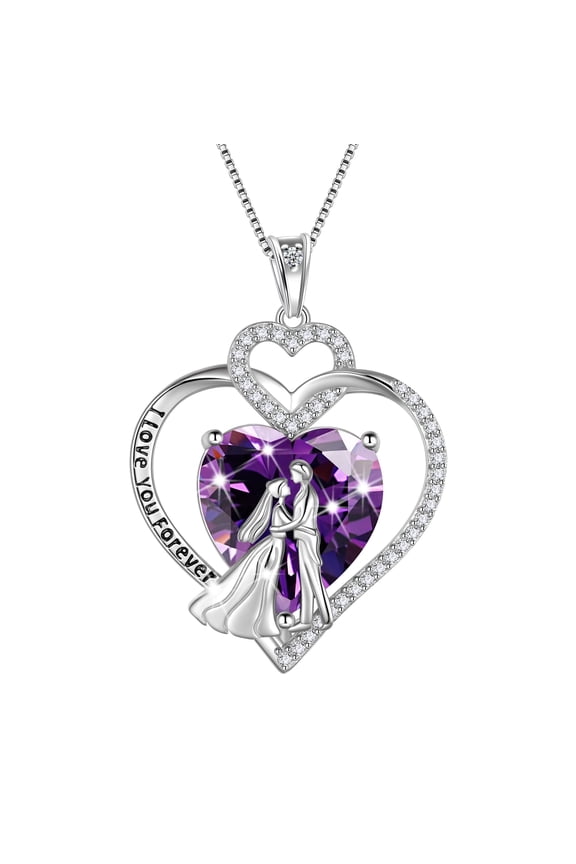 Couple Necklace for Women 925 Sterling Silver Heart February Birthstone Pendant Love Wedding Engagement Jewelry Valentine's Day Gift for Her Wife Girlfriend Bride