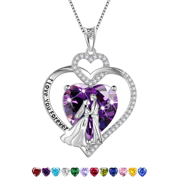 Juwaliy Couple Necklace for Women 925 Sterling Silver Heart February Birthstone Pendant Love Wedding Engagement Jewelry Valentine's Day Gift for Her Wife Girlfriend Bride