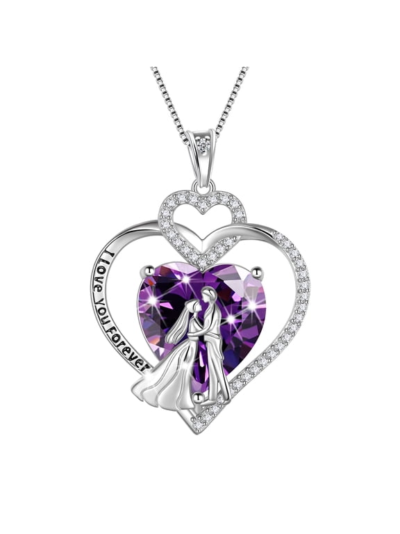 Couple Necklace for Women 925 Sterling Silver Heart February Birthstone Pendant Love Wedding Engagement Jewelry Valentine's Day Gift for Her Wife Girlfriend Bride