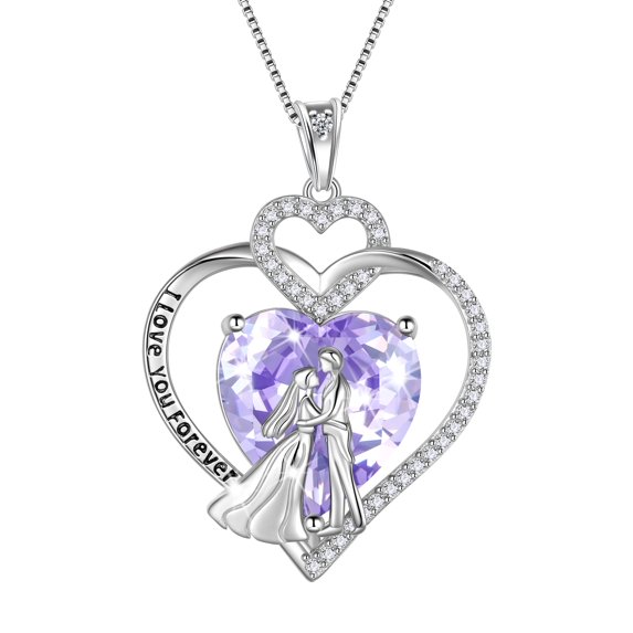 Juwaliy Couple Necklace for Women 925 Sterling Silver Heart June Birthstone Pendant Love You Forever Wedding Engagement Bridal Jewelry Valentines Gift for Wife Girlfriend