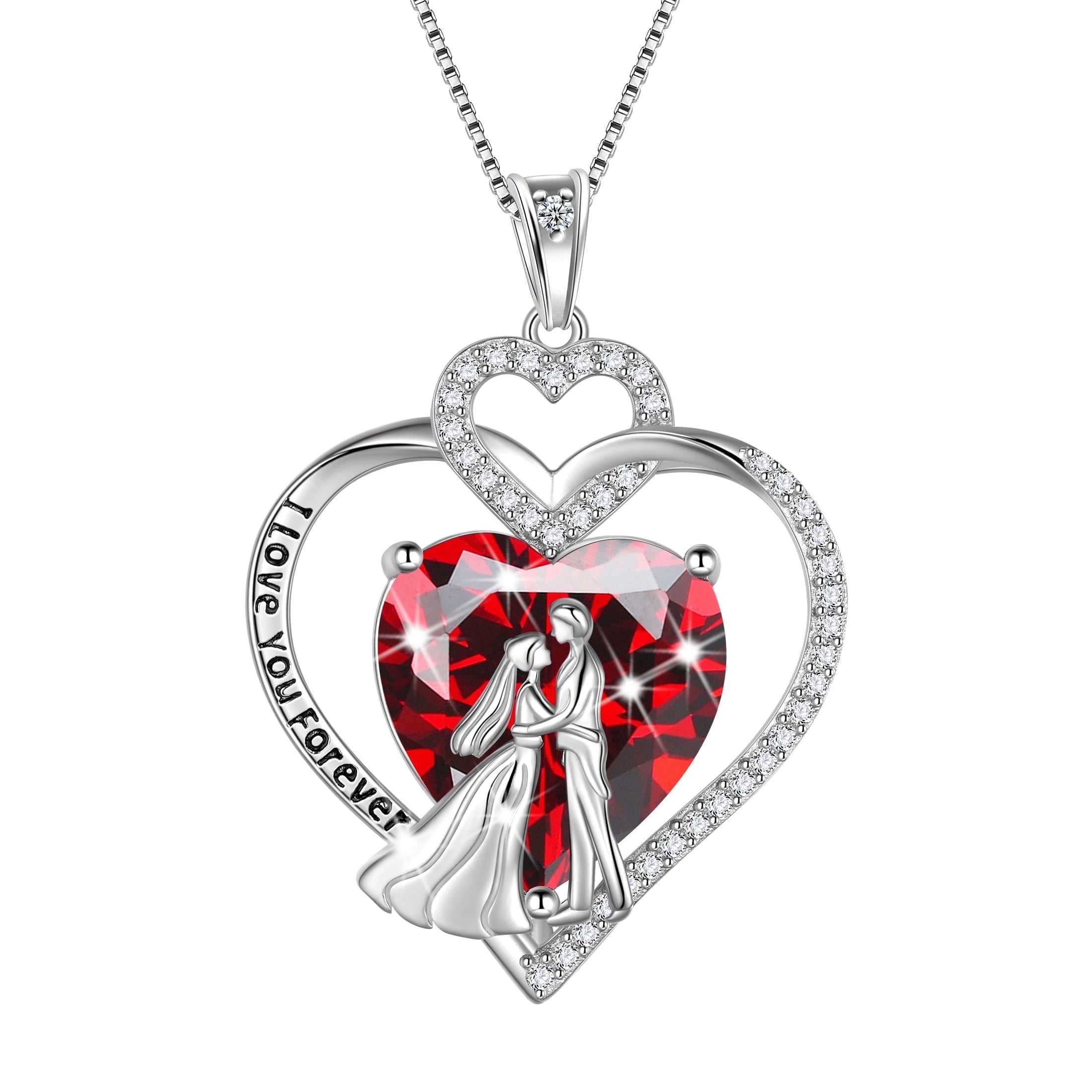 Juwaliy Couple Necklace for Women 925 Sterling Silver Heart January Birthstone Pendant Engraved Bridal Wedding Engagement Jewelry Valentines Gifts for Her Wife Girlfriend