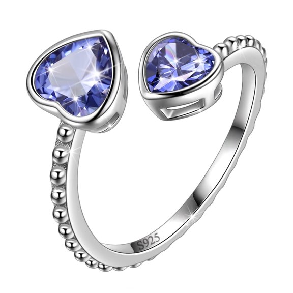 Juwaliy December Birthstone Ring Tanzanite 925 Sterling Silver Double Hearts Rings Blue Women Jewelry Christmas Birthday Mother's Day Gifts