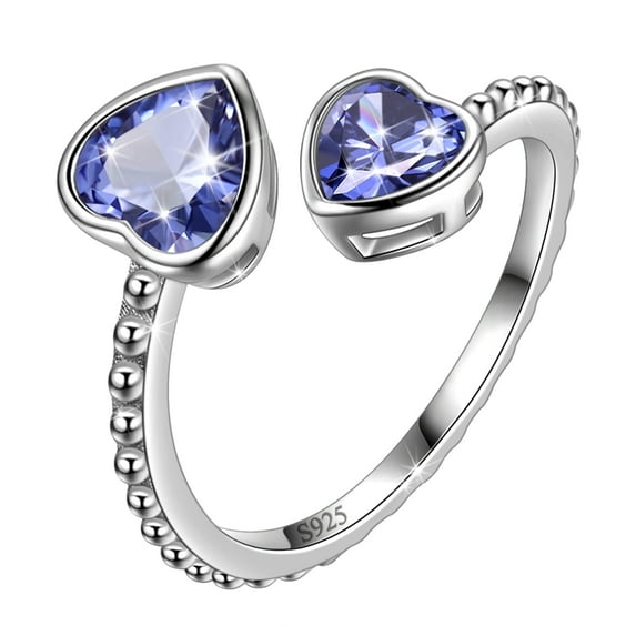 Juwaliy December Birthstone Ring Tanzanite 925 Sterling Silver Double Hearts Rings Blue Women Jewelry Christmas Birthday Mother's Day Gifts