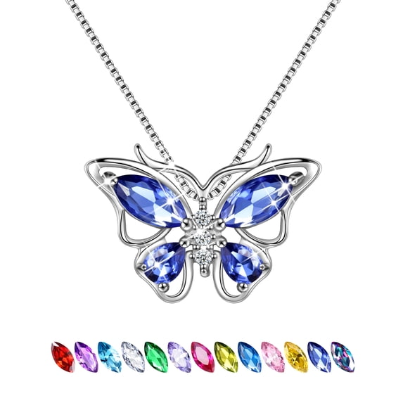 Juwaliy December Birthstone Tanzanite Blue Butterfly Necklaces 925 Sterling Silver Pendant Jewelry Christmas Birthday Mother's Day Gift for Women Wife