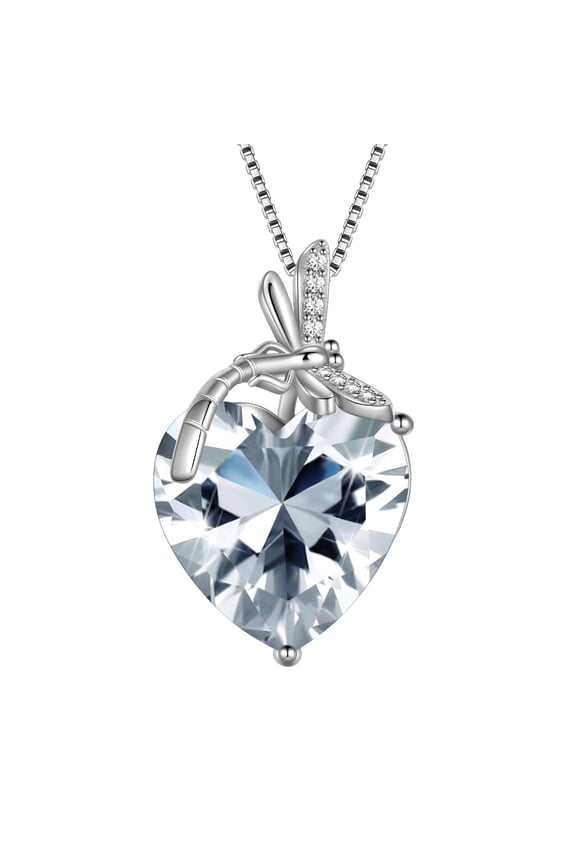 Dragonfly Necklace Heart April Birthstone Necklace Diamond CZ 925 Sterling Silver Pendant White Jewelry Women Birthday Christmas Mother's Day Gift