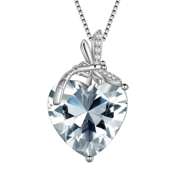 Juwaliy Dragonfly Necklace Heart April Birthstone Necklace Diamond CZ 925 Sterling Silver Pendant White Jewelry Women Birthday Christmas Mother's Day Gift