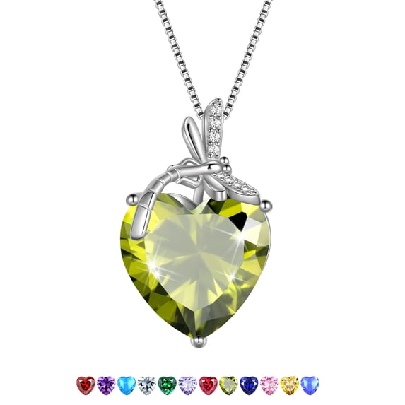 Juwaliy Dragonfly Necklace Heart August Birthstone Necklace Peridot Green CZ 925 Sterling Silver Pendant Jewelry Women Birthday Christmas Mother's Day Gift