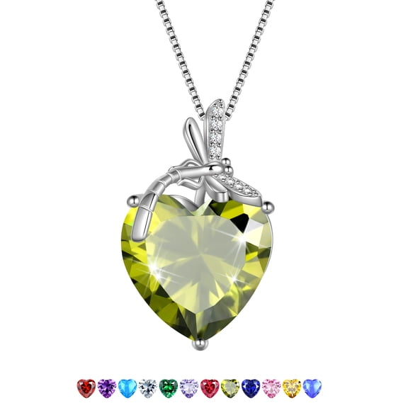 Juwaliy Dragonfly Necklace Heart August Birthstone Necklace Peridot Green CZ 925 Sterling Silver Pendant Jewelry Women Birthday Christmas Mother's Day Gift