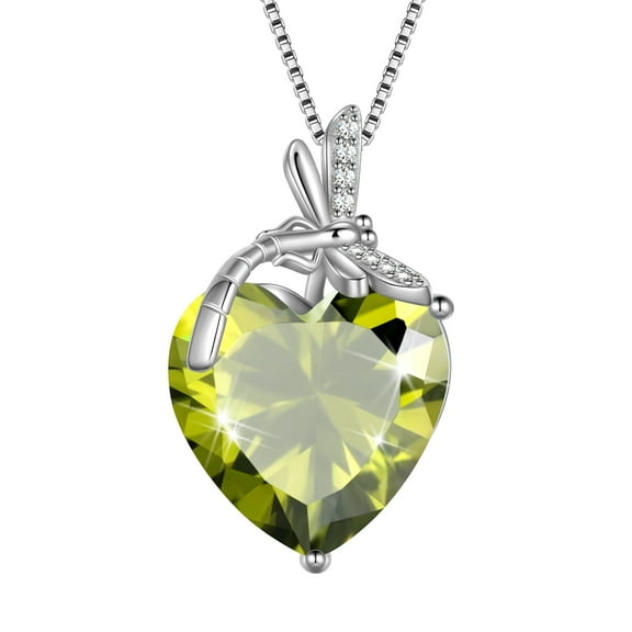 Juwaliy Dragonfly Necklace Heart August Birthstone Necklace Peridot Green CZ 925 Sterling Silver Pendant Jewelry Women Birthday Christmas Mother's Day Gift