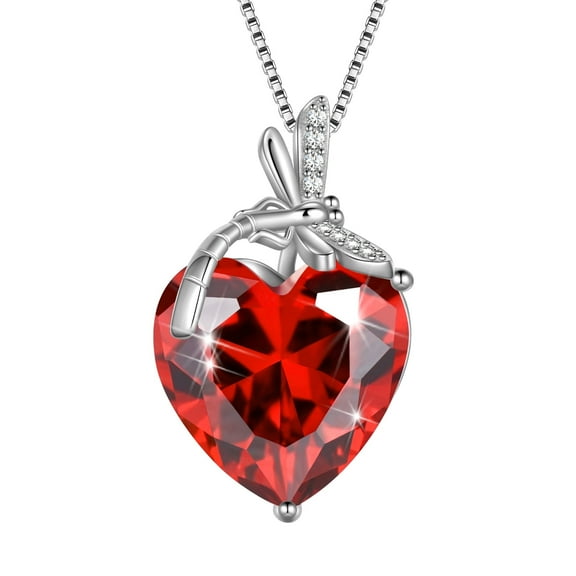 Juwaliy Dragonfly Necklace Heart January Birthstone Necklace Garnet CZ 925 Sterling Silver Pendant Red Jewelry Women Birthday Christmas Mother's Day Gifts