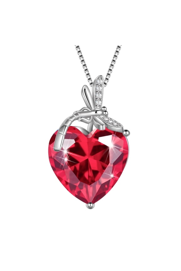Dragonfly Necklace Heart July Birthstone Necklace Ruby Red 925 Sterling Silver Pendant Jewelry Women Wedding Birthday Christmas Mother's Day Gifts