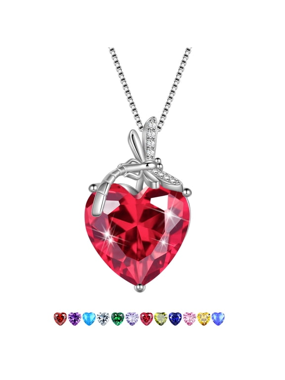 Dragonfly Necklace Heart July Birthstone Necklace Ruby Red 925 Sterling Silver Pendant Jewelry Women Wedding Birthday Christmas Mother's Day Gifts